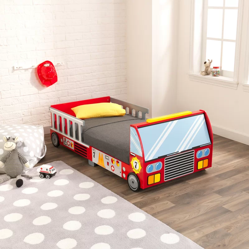 KidKraft Fire Truck Wooden Toddler Bed with Guard Rails. Children-s Furniture - Red. Gift for Ages 15 mo+