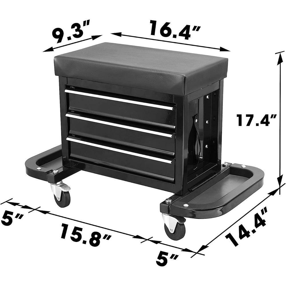 Torin APD2018B 3-Drawer 26.5 in. Rolling Mechanic Creeper Seat with 16-Slot Tool Tray