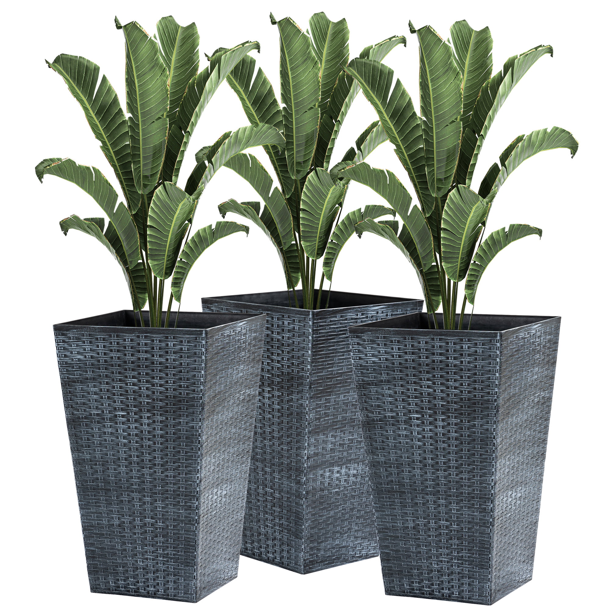 Outsunny Set of 3 Tall Planters. Outdoor & Indoor Flower Pot Set for Front Door. Entryway. Patio and Deck. Grey