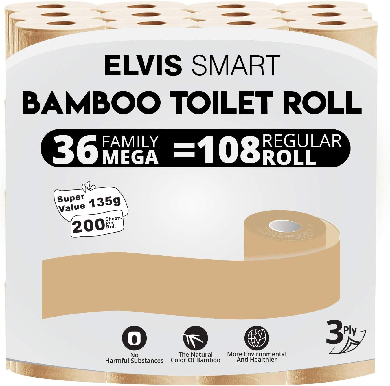 Elvissmart Bamboo Toilet Paper. 36 Mega Rolls=108 Regular Rolls. 200 Bath Tissue/Roll. 3 Packs of 12 Rolls