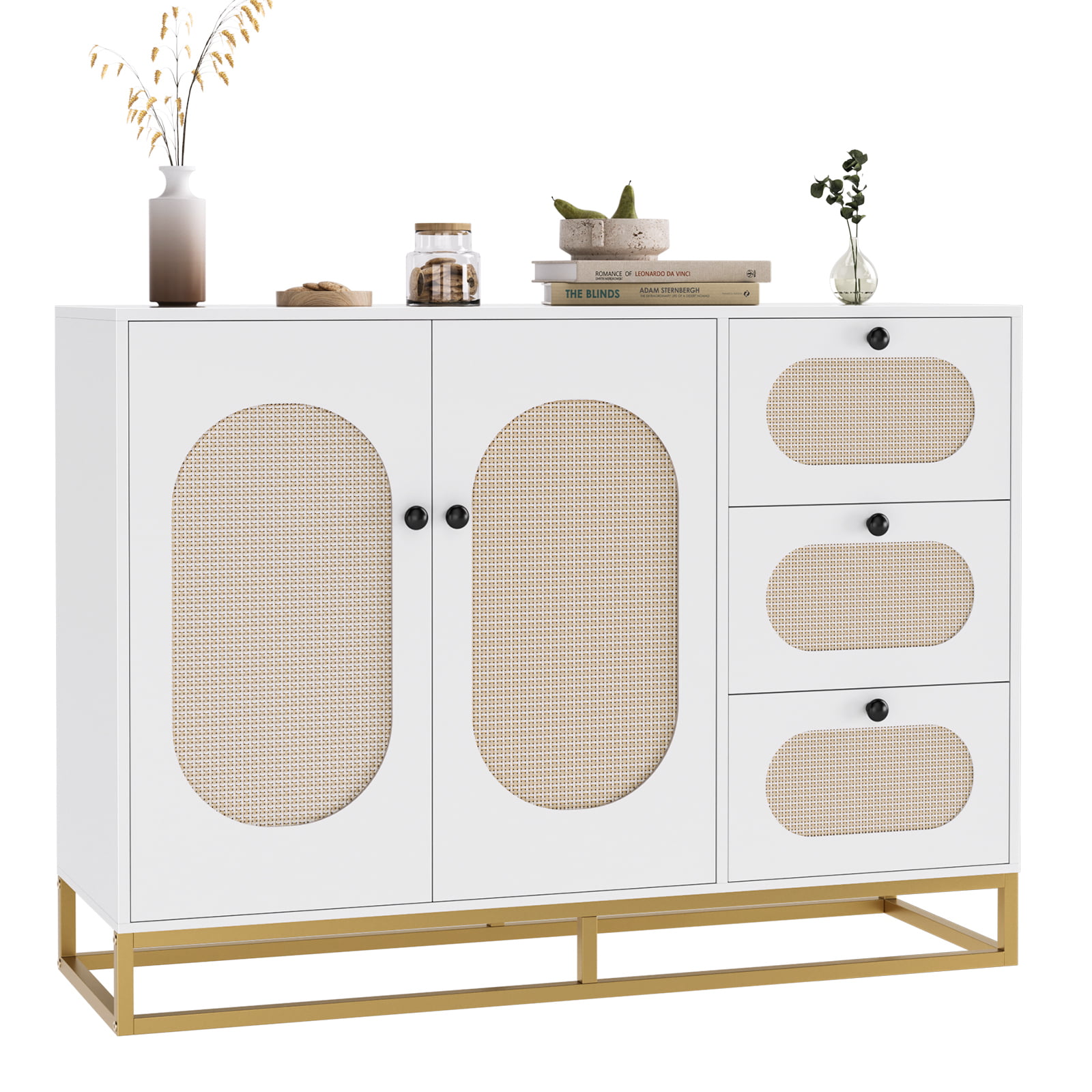 Homfa 3 Drawers Accent Storage Cabinet. 34.2″H Gold Buffet Sideboard with Rattan Doors for Living Room. White