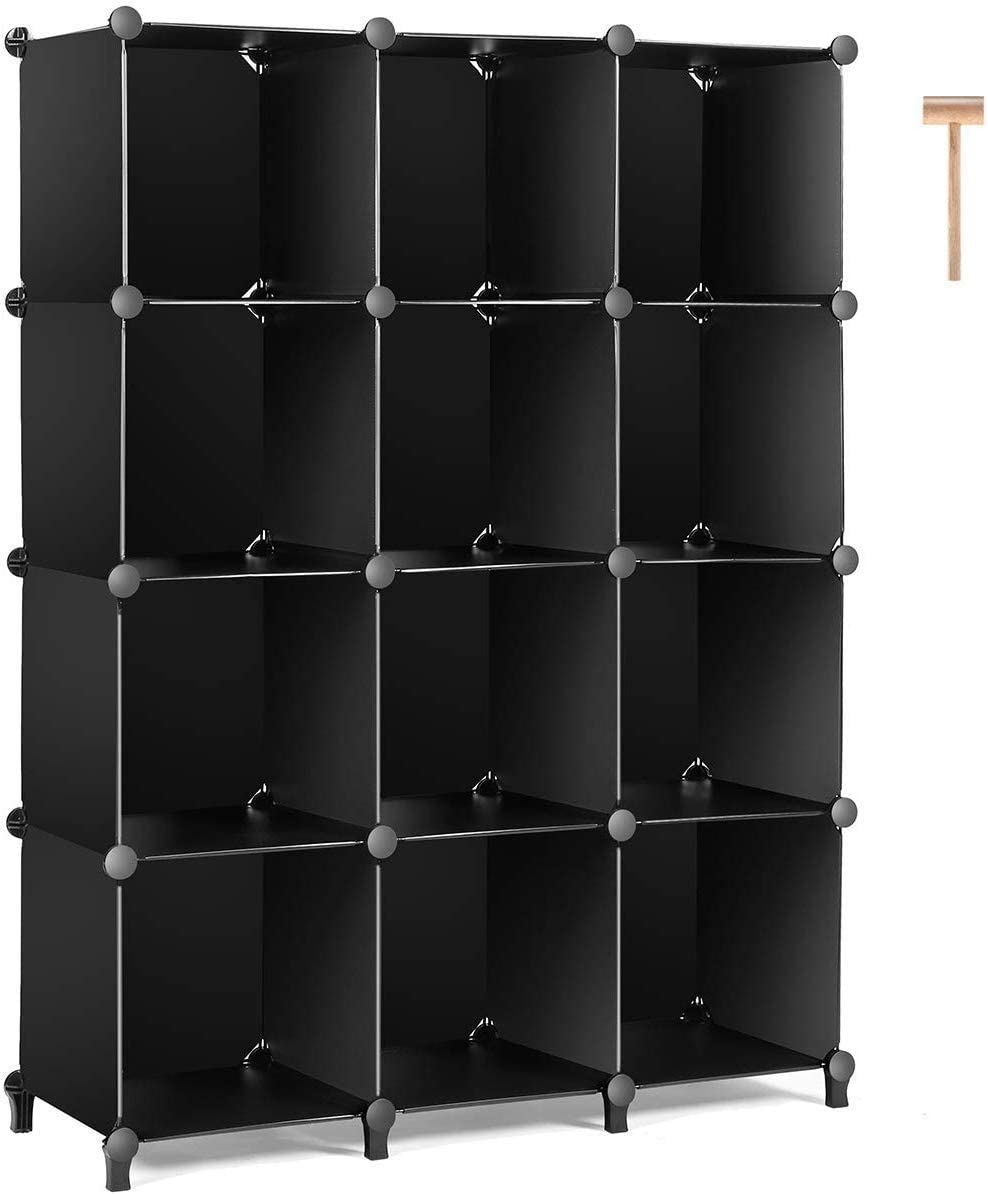 TomCare Cube Storage 12-Cube Bookshelf Closet Organizer Storage Shelves Shelf Cubes Organizer Plastic Book Shelf Bookcase DIY Square Closet Cabinet Shelves for Bedroom Office Living Room. Black