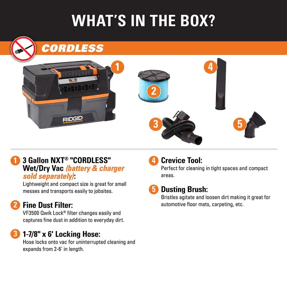 RIDGID HD0318 3 Gallon 18-Volt Cordless Handheld NXT Wet/Dry Shop Vacuum (Tool Only) with Filter. Expandable Hose and Accessories