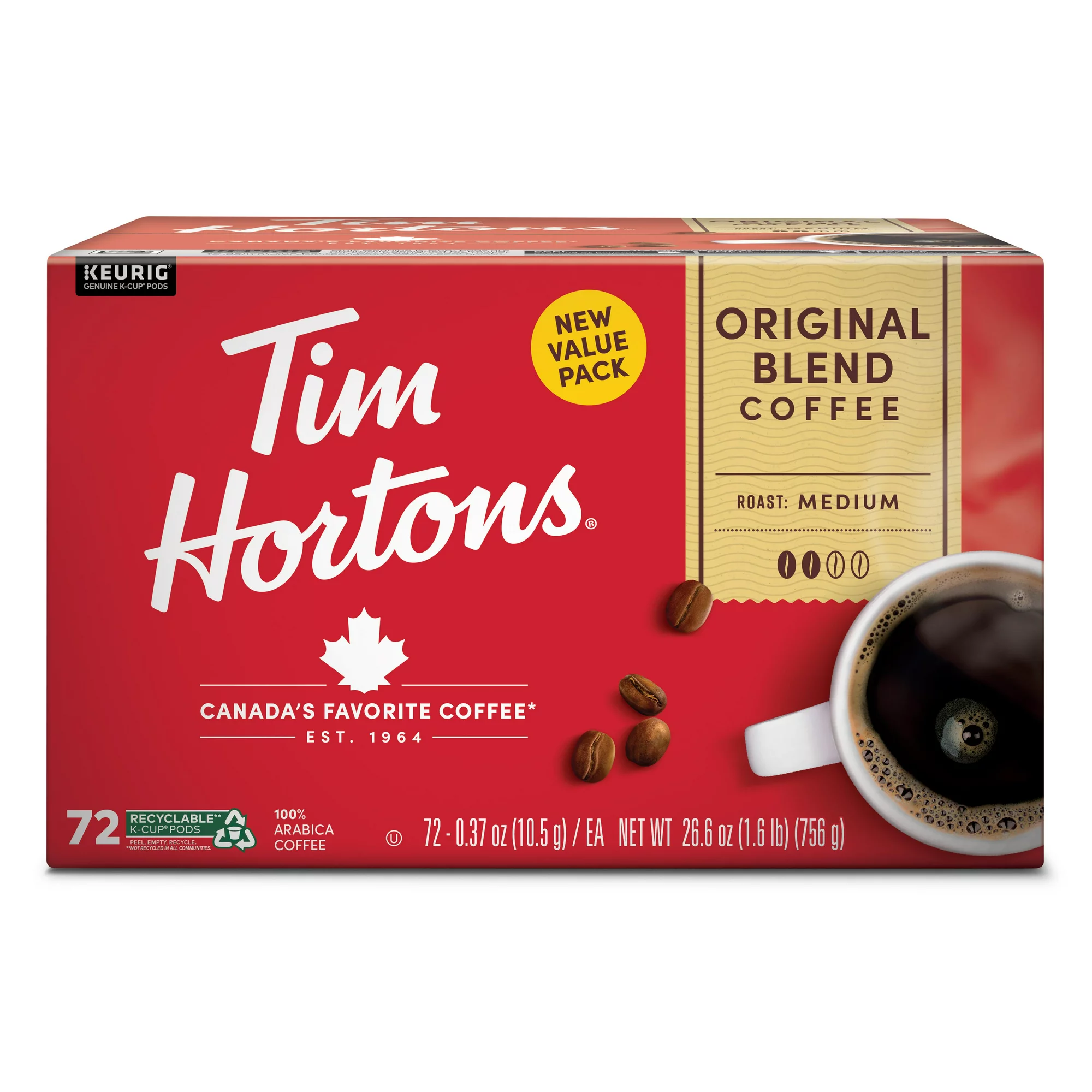 Tim Hortons Original Blend Medium Roast Keurig Coffee Pods 72 Ct