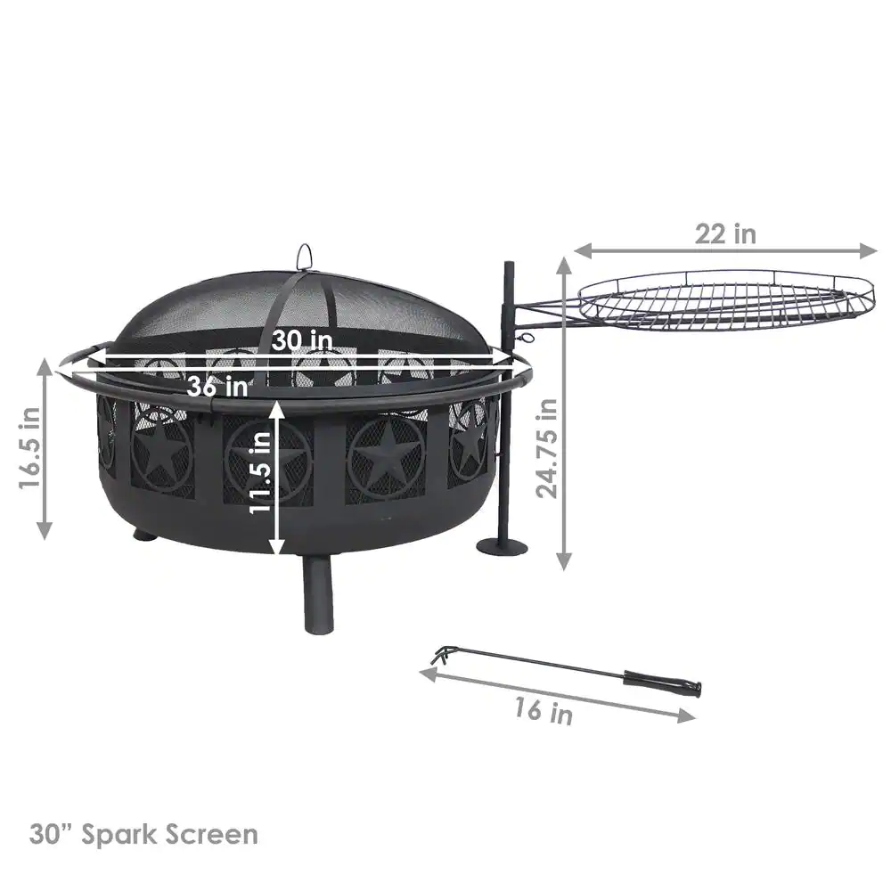 Sunnydaze Decor KF-ASFP-BLK 36 in. W x 22.5 in. H Round Steel Wood Burning Fire Pit with Cooking Grate and Spark Screen