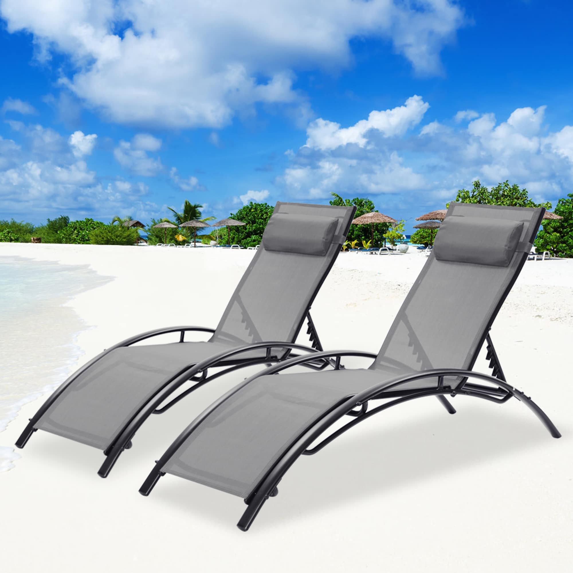 Clihome Patio Chair Set of 2 Metal Frame Stationary Chaise Lounge Chair(s) with Gray Textilene Sling Seat