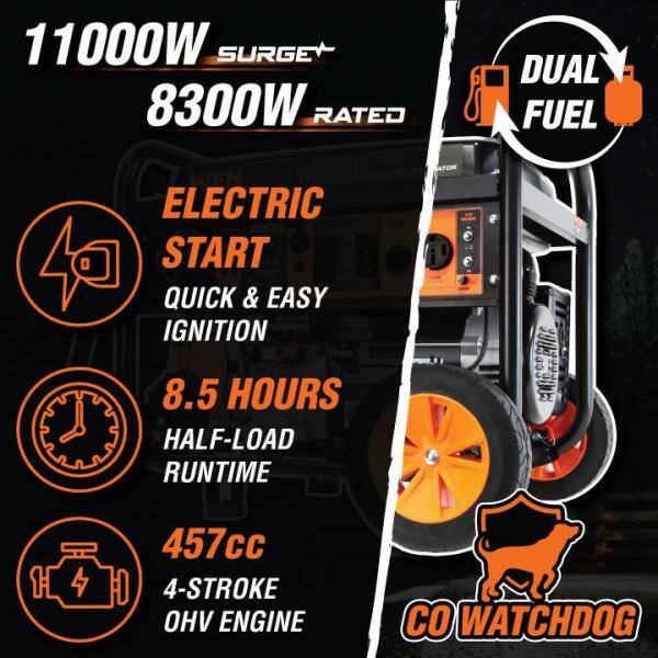 WEN DF1100X 11000W 120V/240V Dual Fuel Transfer-Switch Ready Electric Start Portable Generator with Wheel Kit and CO Shutdown Sensor