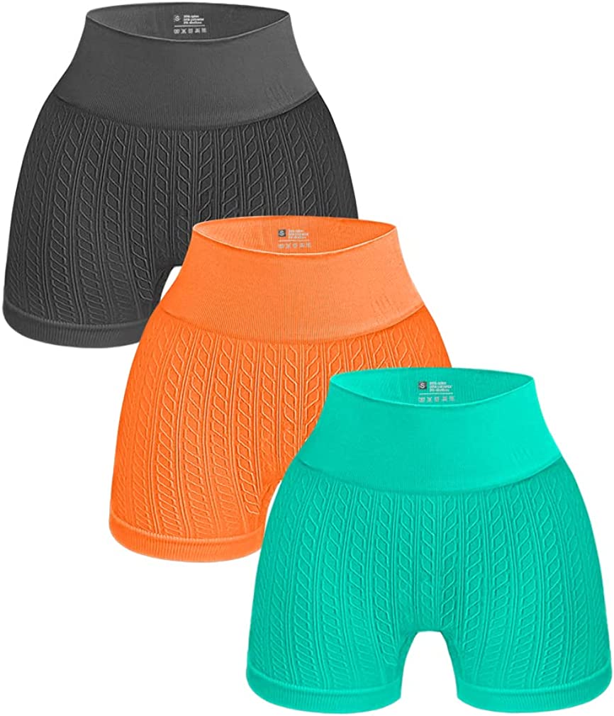 OQQ 3 Piece for Women Yoga Shorts Workout Athletic Seamless High Wasit Gym Leggings. Grey Orange Mintgreen