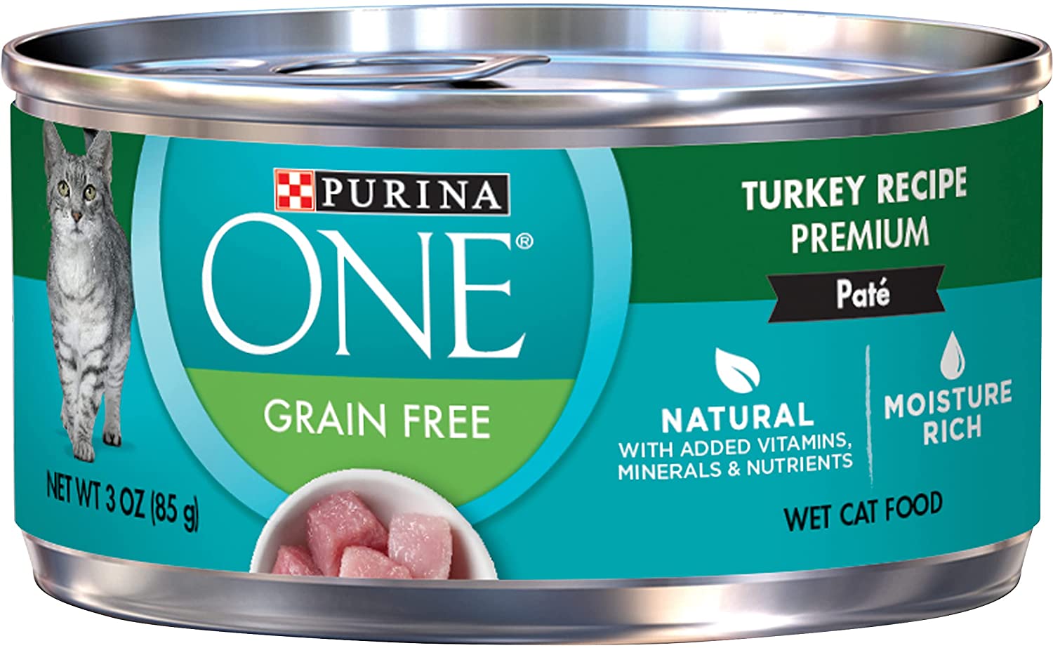 Purina ONE Turkey Recipe Pate Grain-Free Natural High Protein Canned Wet Cat Food. 3-oz. case of 24