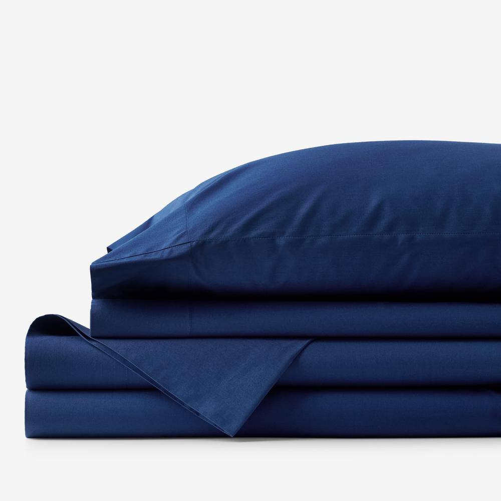 The Company Store  Company Essentials 4-Piece Navy Solid 200-Thread Count Organic Cotton Percale Queen Sheet Set - Navy
