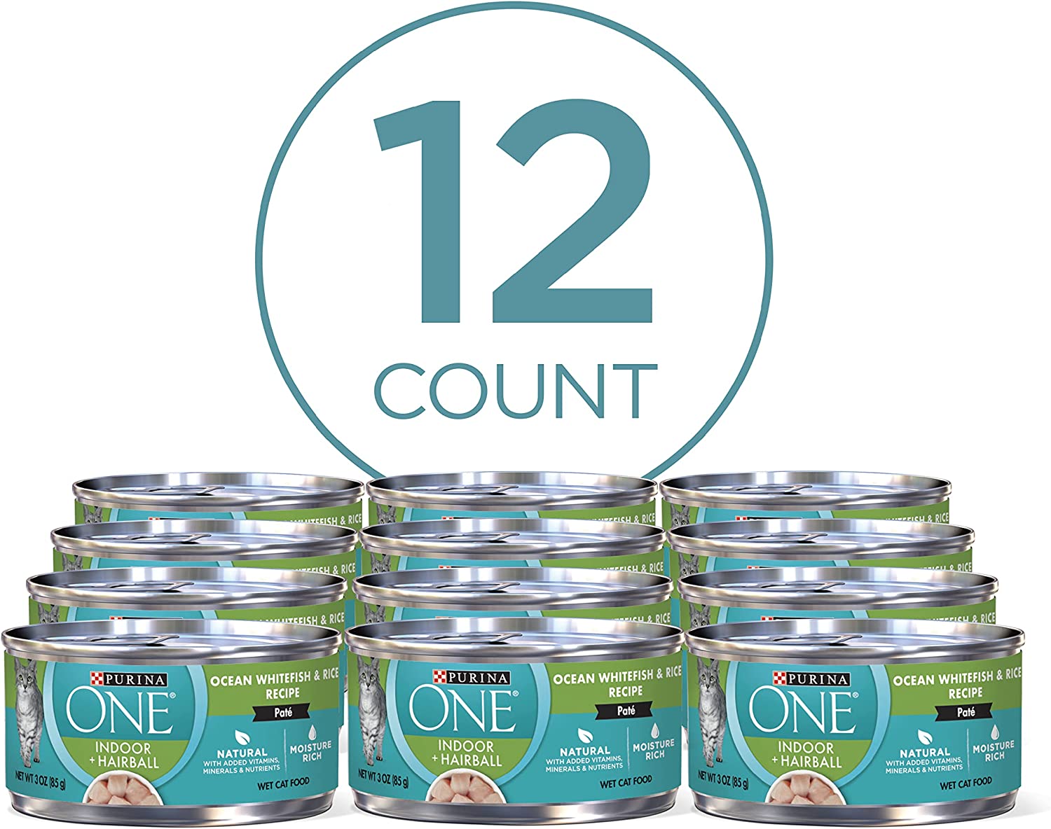 Purina ONE Indoor Natural High Protein Pate Wet Cat Food. Indoor Advantage Ocean Whitefish & Rice - (12) 3 oz. Pull-Top Cans