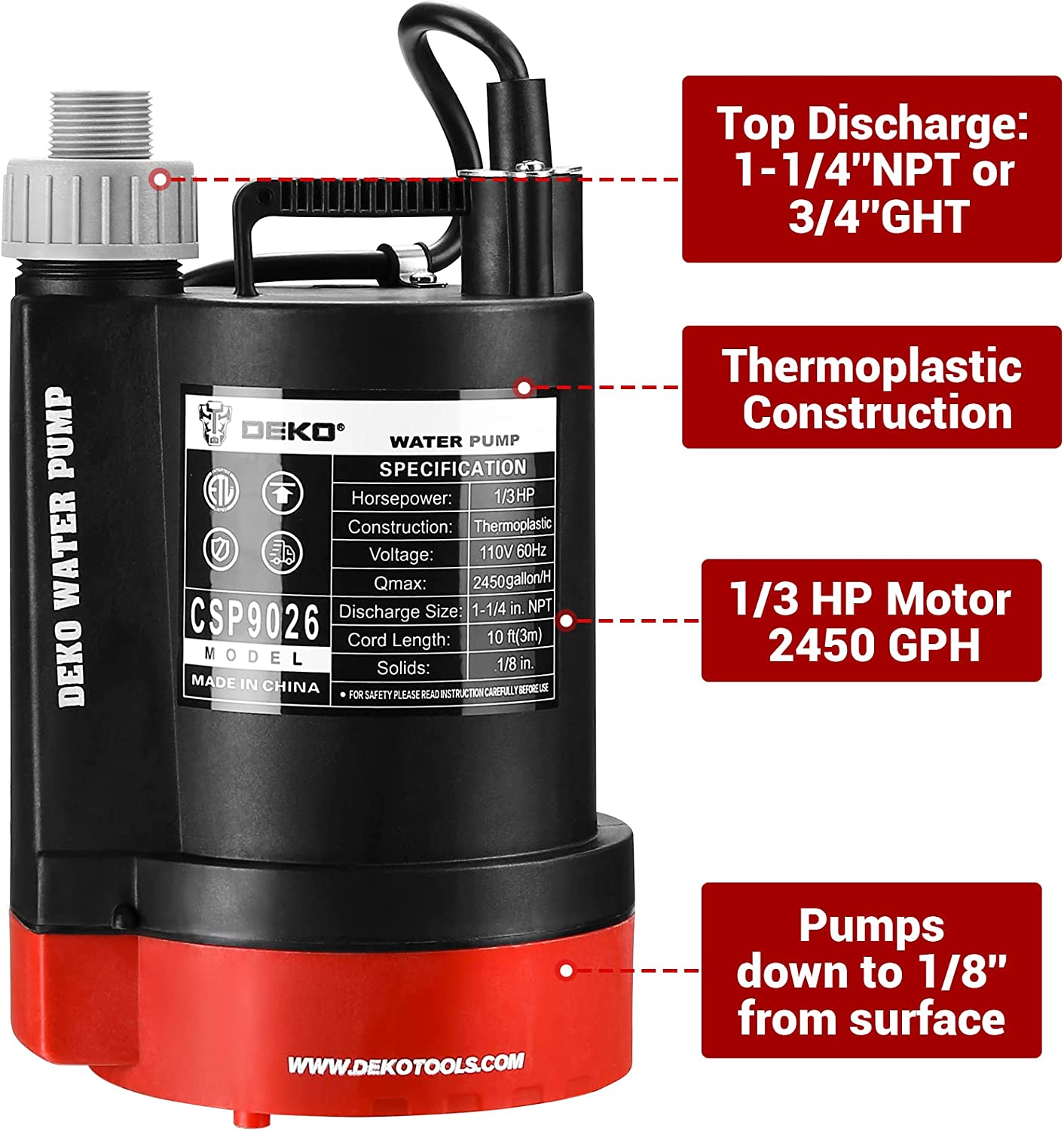 DEKOPRO 1/3HP 2450 GPH Submersible Utility Water Pump High-efficiency Motor Clean Water Removal Drain Pump for Swimming Pool Pond Garden Basement