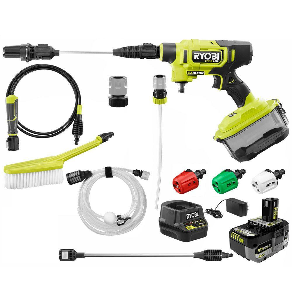 RYOBI RY121860KVNM ONE+ HP 18-Volt Brushless EZClean 600 PSI 0.7 GPM Cordless Electric Power Cleaner w/ 4.0Ah Battery. Charger. Accessories