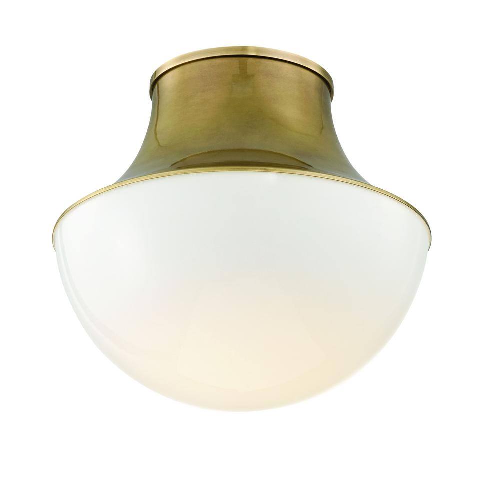 Fifth and Main Lighting  Merrill Large 13 in. 1-Light Aged Brass LED Flush Mount with White Glass Shade