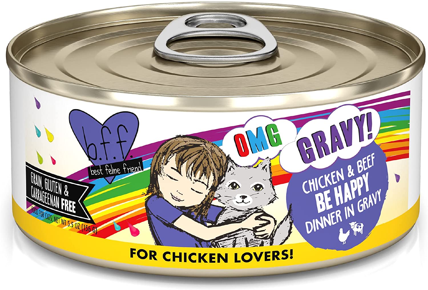 Weruva Wet Cat Food B.F.F. OMG - Best Feline Friend Oh My Gravy!. Chicken & Beef Be Happy with Chicken & Beef in Gravy. 5.5oz Can (Pack of 8)