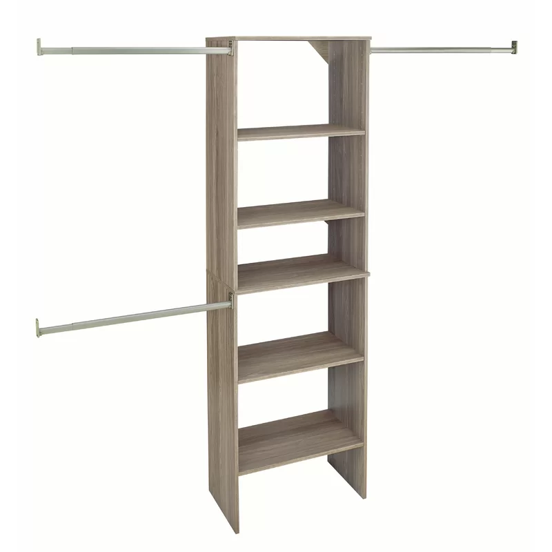 ClosetMaid 28882 SuiteSymphony Wood Closet Organizer Starter Kit with Tower and 3 Hang Rods. Shelves. Adjustable. Fits Spaces 5 – 10 ft. Wide. Natural Gray. 25″