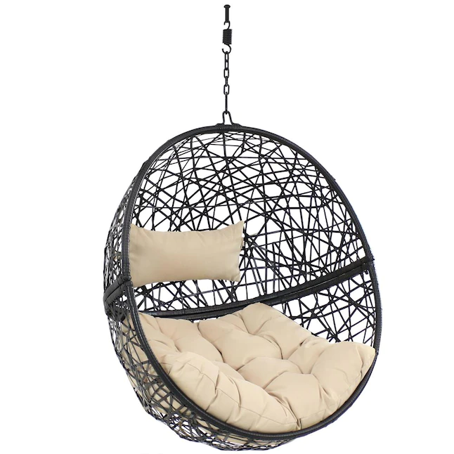 Sunnydaze Decor TF-597 Rattan Black Metal Frame Hanging Conversation Chair(s) with Off-white Cushioned Seat