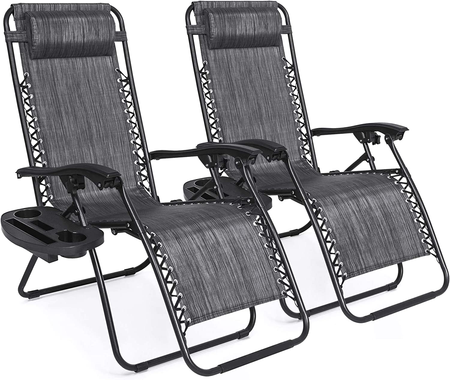 Best Choice Products Set of 2 Adjustable Steel Mesh Zero Gravity Lounge Chair Recliners w/Pillows and Cup Holder Trays. Gray