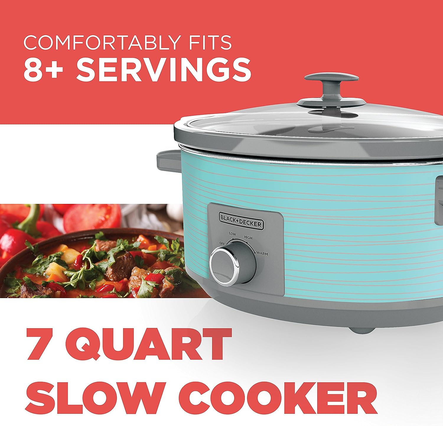 BLACK+DECKER 7 Quart Dial Control Slow Cooker with Built in Lid Holder. Teal Pattern