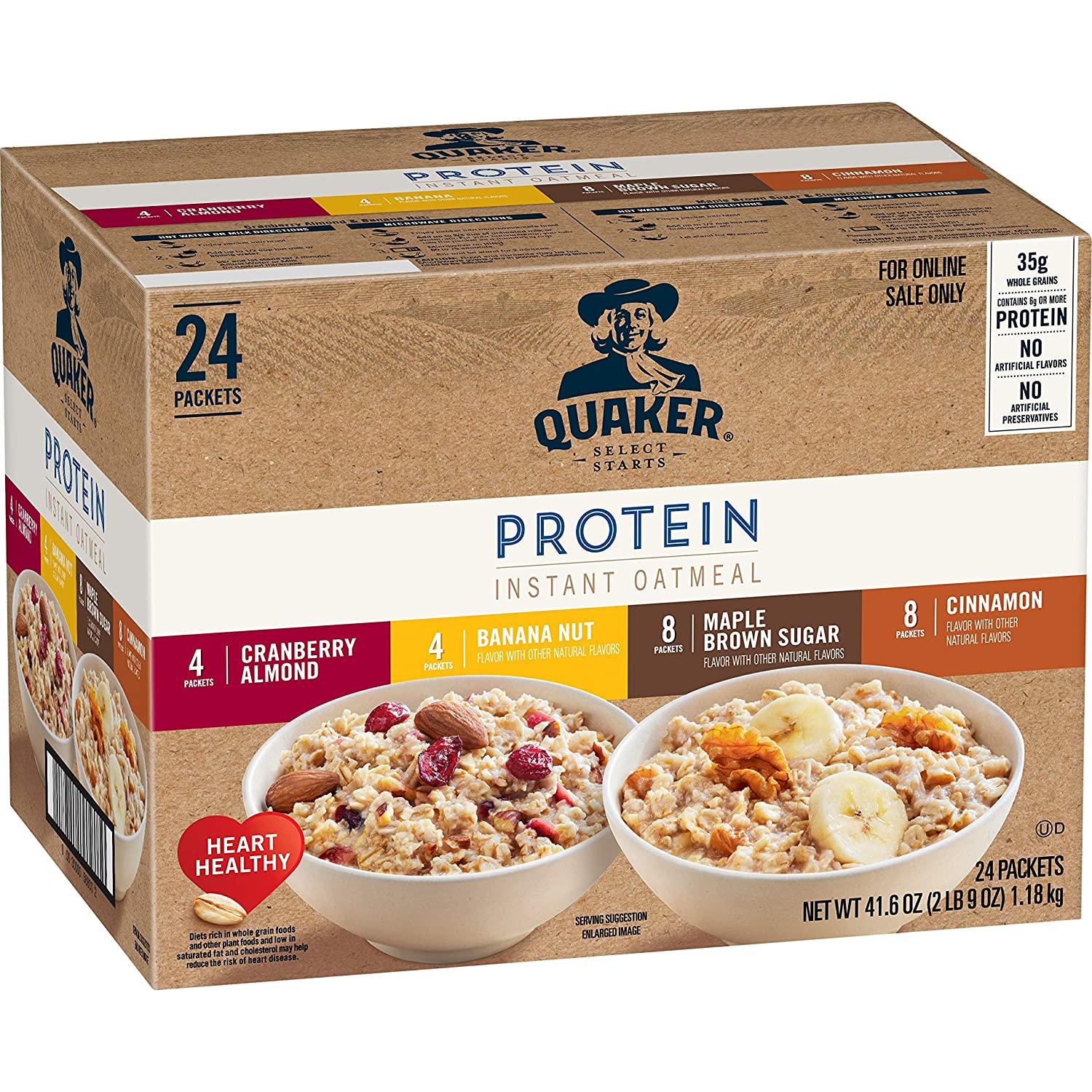 Quaker Instant Oatmeal. Protein 4 Flavor Variety Pack. 7g+ Protein. Individual Packets. 24 Count