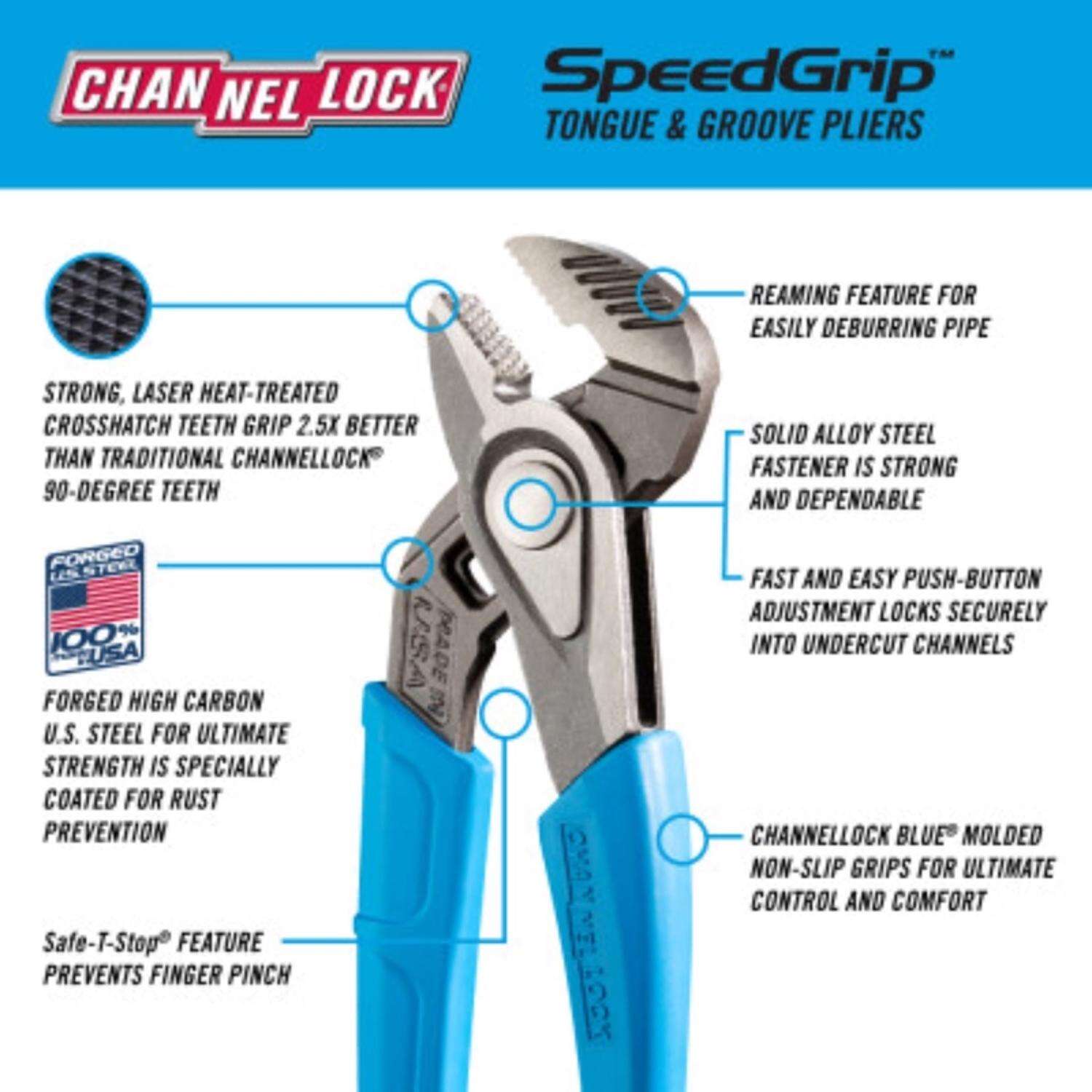 Channellock SpeedGrip 9.5 in Carbon Steel Push Button Tongue and Groove Pliers