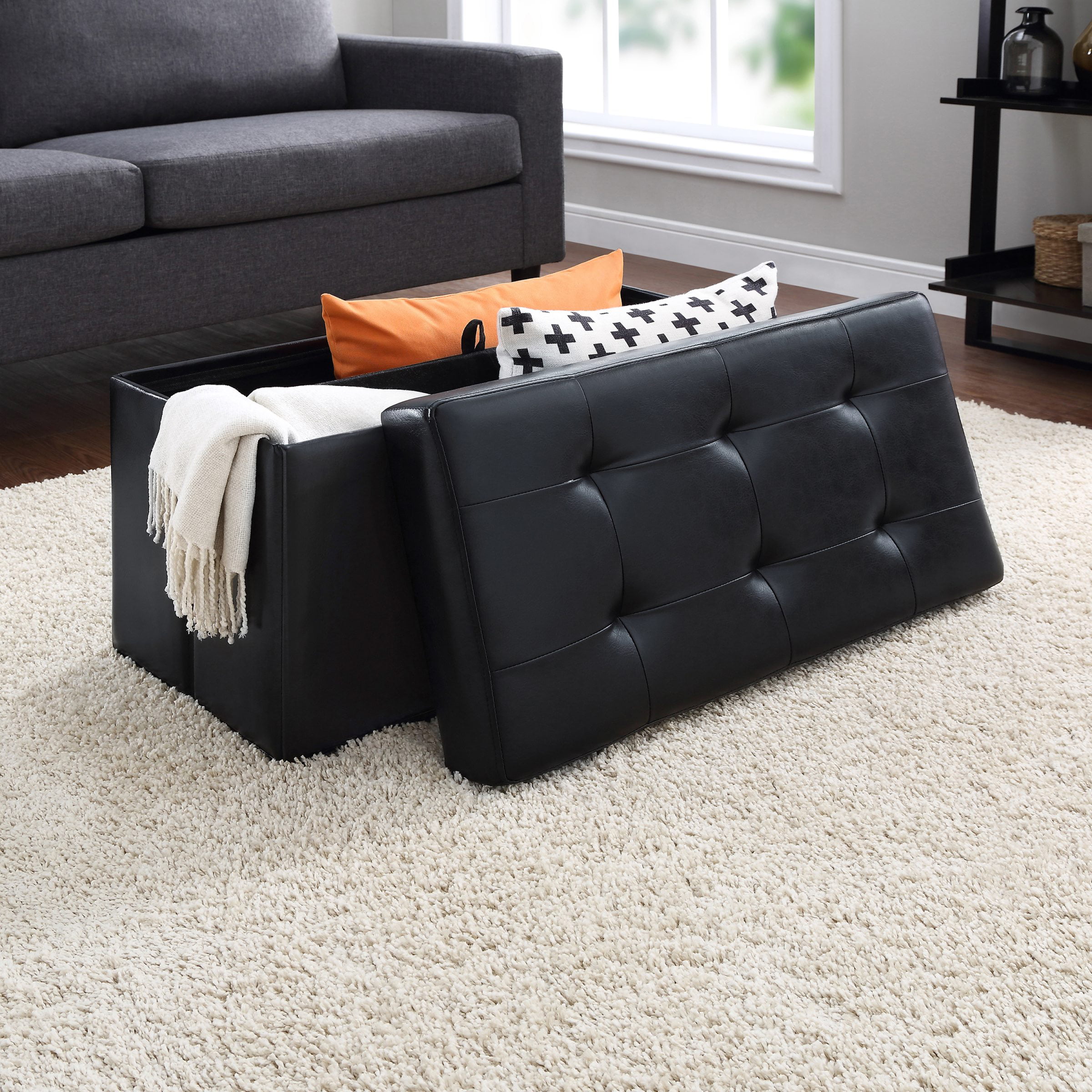 Mainstays Collapsible Storage Ottoman. Quilted Black Faux Leather