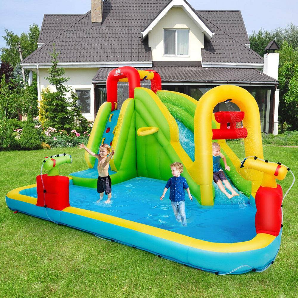 Gymax  157.5 in. x 132 in. x 90.5 in. Cloth Yellow Outdoor Inflatable Splash Water Bounce House Jump Slide w/Blower