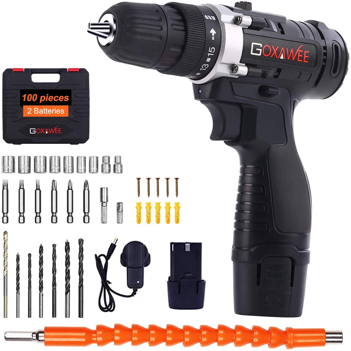 GOXAWEE 12V Cordless Drill Driver with 2 Batteries. Electric Screw Driver Set 100pcs Set with Durable Tool Case. 3/8″ Chuck Electric Power Drill Set G5050