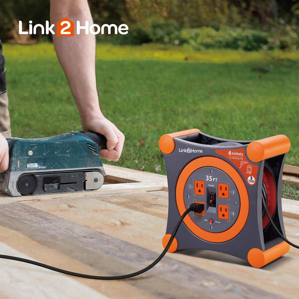 Link2Home EM-EL-350E 35 ft. 14/3 Extension Cord Storage Reel with 4