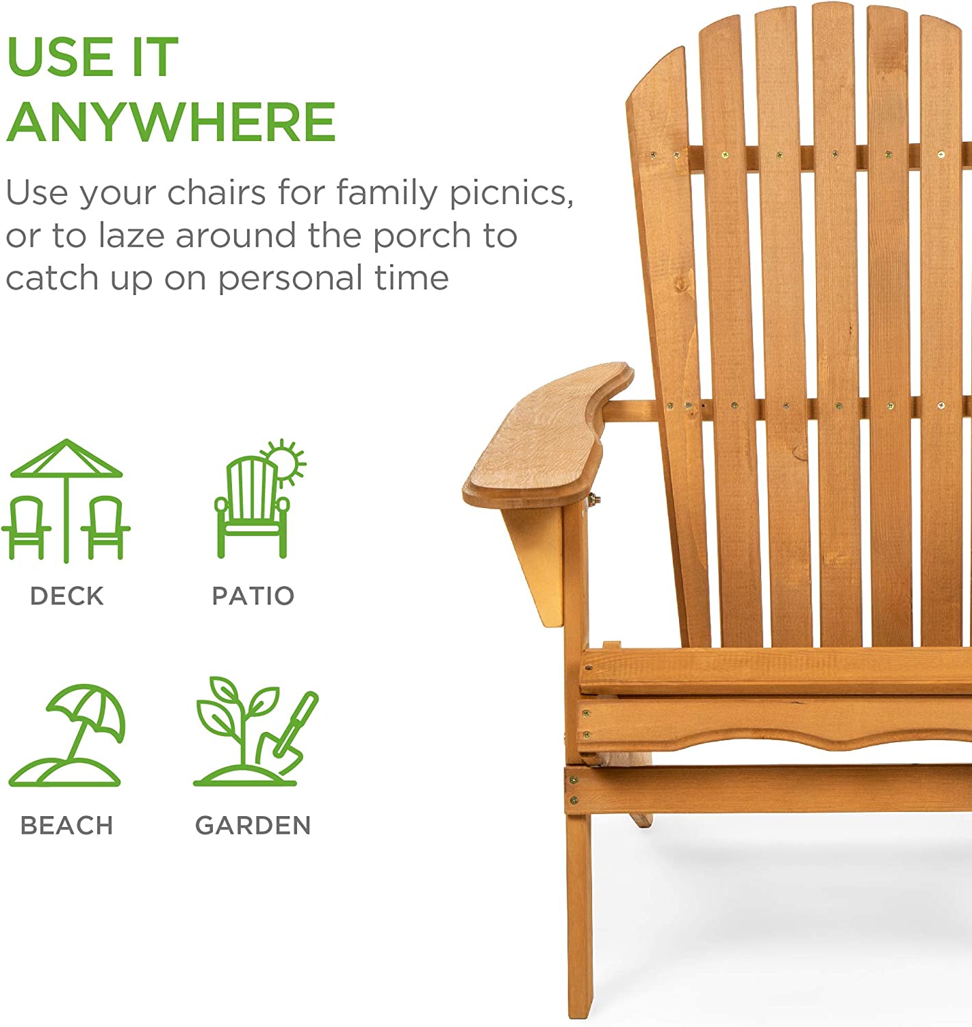 Best Choice Products Folding Adirondack Chair Outdoor Wooden Accent Furniture Fire Pit Lounge Chairs for Yard. Garden. Patio w/Natural Finish. 350lb Weight Capacity - Brown