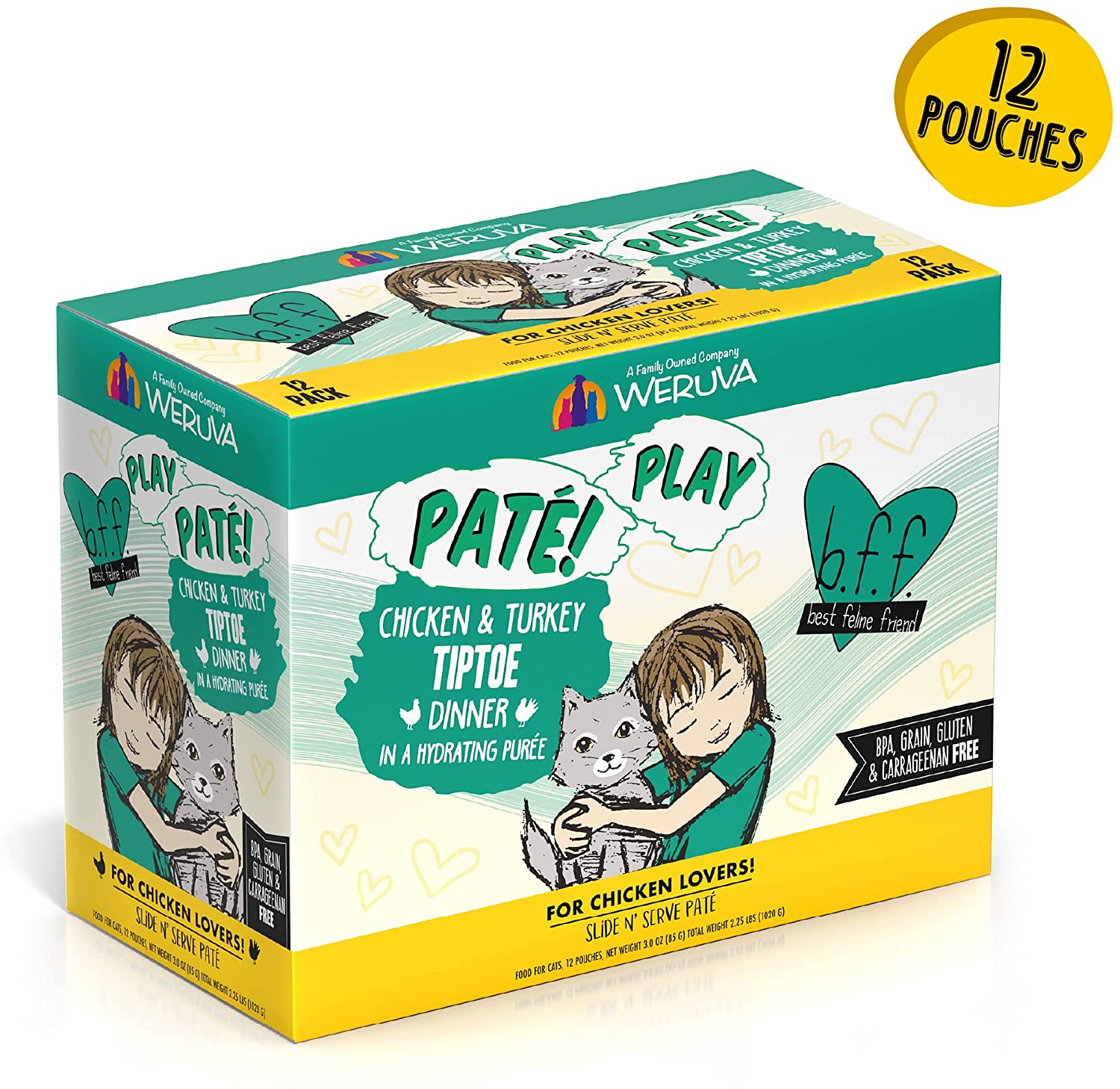 Weruva Wet Cat Food B.F.F. PLAY - Best Feline Friend Paté Lovers. Aw Yeah!. Chicken & Turkey Tiptoe with Chicken & Turkey. 3oz Pouch (Pack of 12)