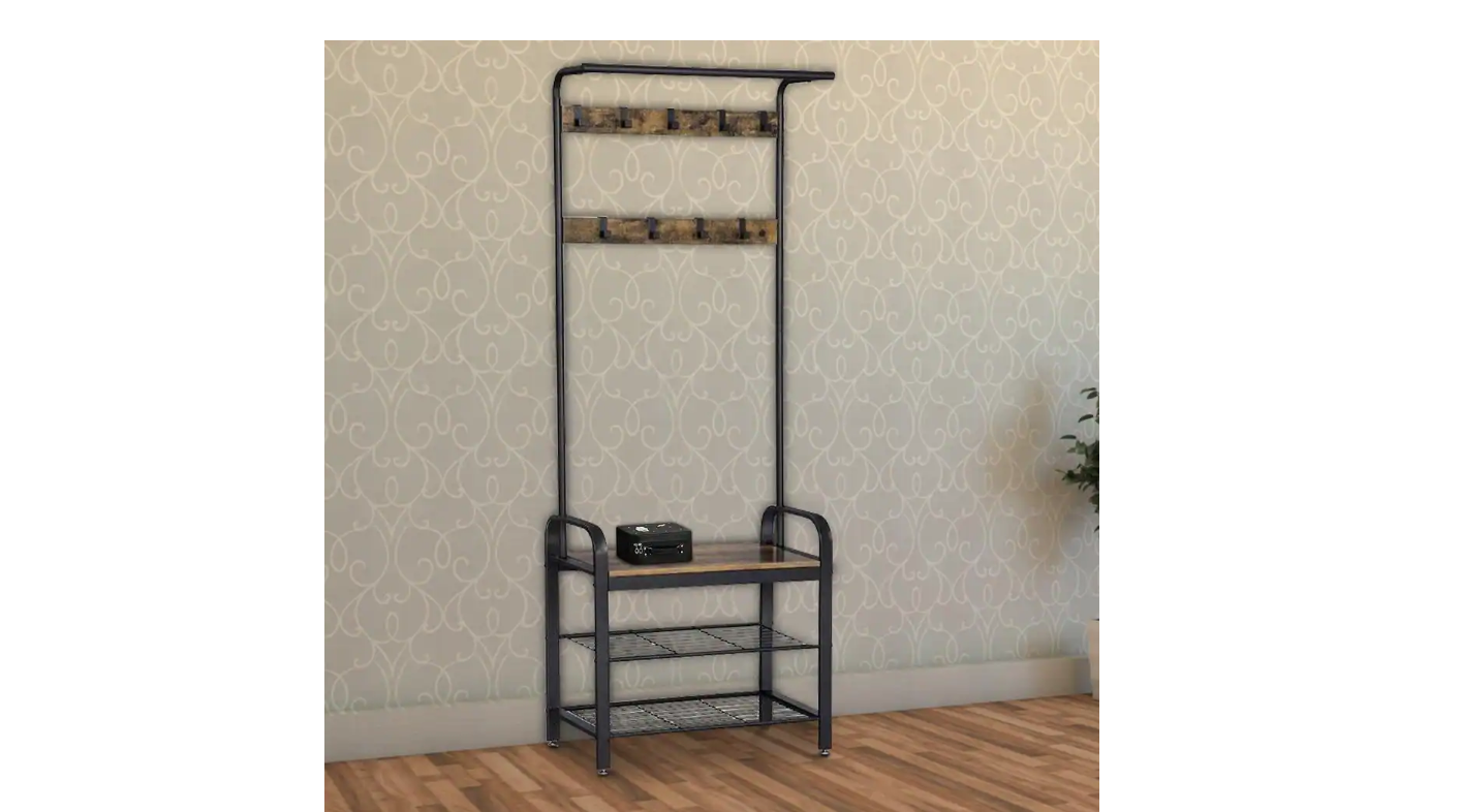 Benjara BM195838 Brown and Black Metal and Wood Framed Coat Rack with Multiple Hooks and Storage Shelves