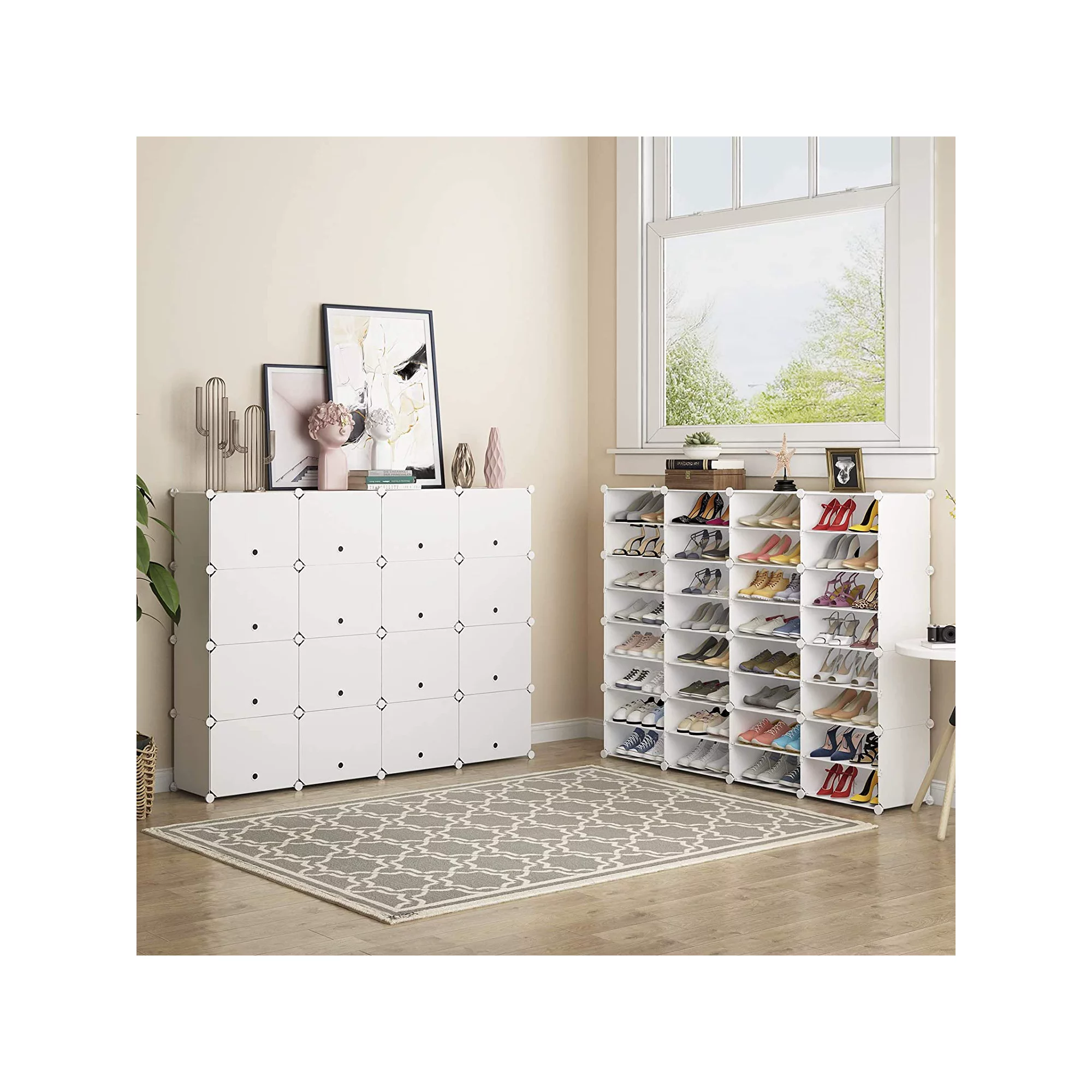 Just Buy IT Portable Shoe Rack Organizer 8-Tier Portable 64 Pair Shoe Rack Organizer 32 Grids Tower Shelf Storage Cabinet Stand Expandable for Heels. Boots. Slippers. White