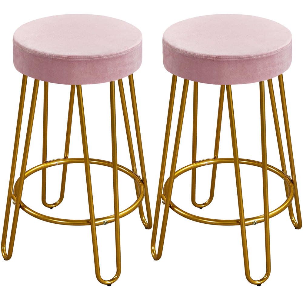 SMILE MART 26.5″ Upholstered Velvet Bar Stools for Kitchen. 2pcs. Pink with Gold