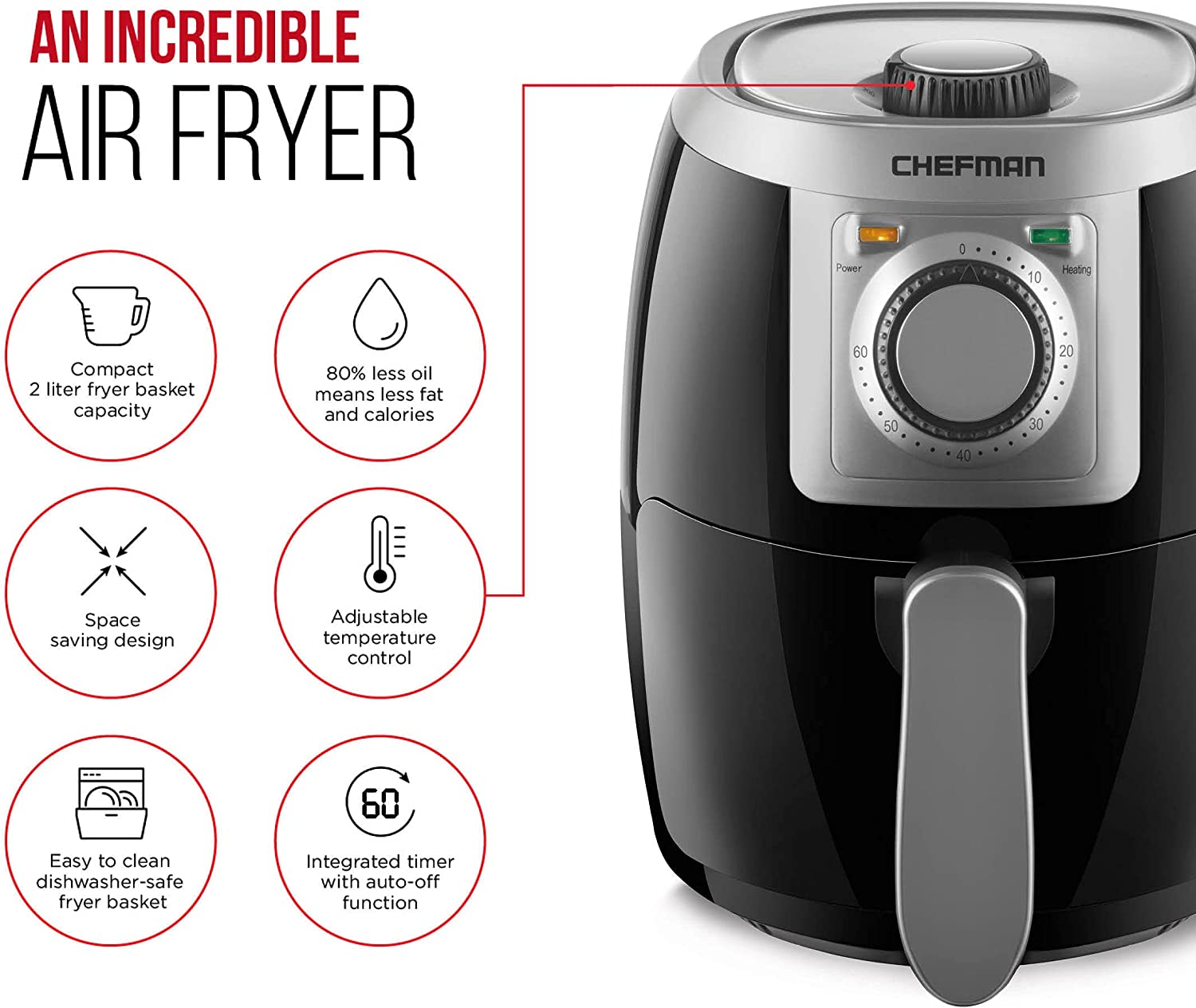 CHEFMAN Small. Compact Air Fryer Healthy Cooking. 2 Qt. Nonstick. User Friendly and Adjustable Temperature Control w/ 60 Minute Timer & Auto Shutoff. Dishwasher Safe Basket. BPA - Free. Black