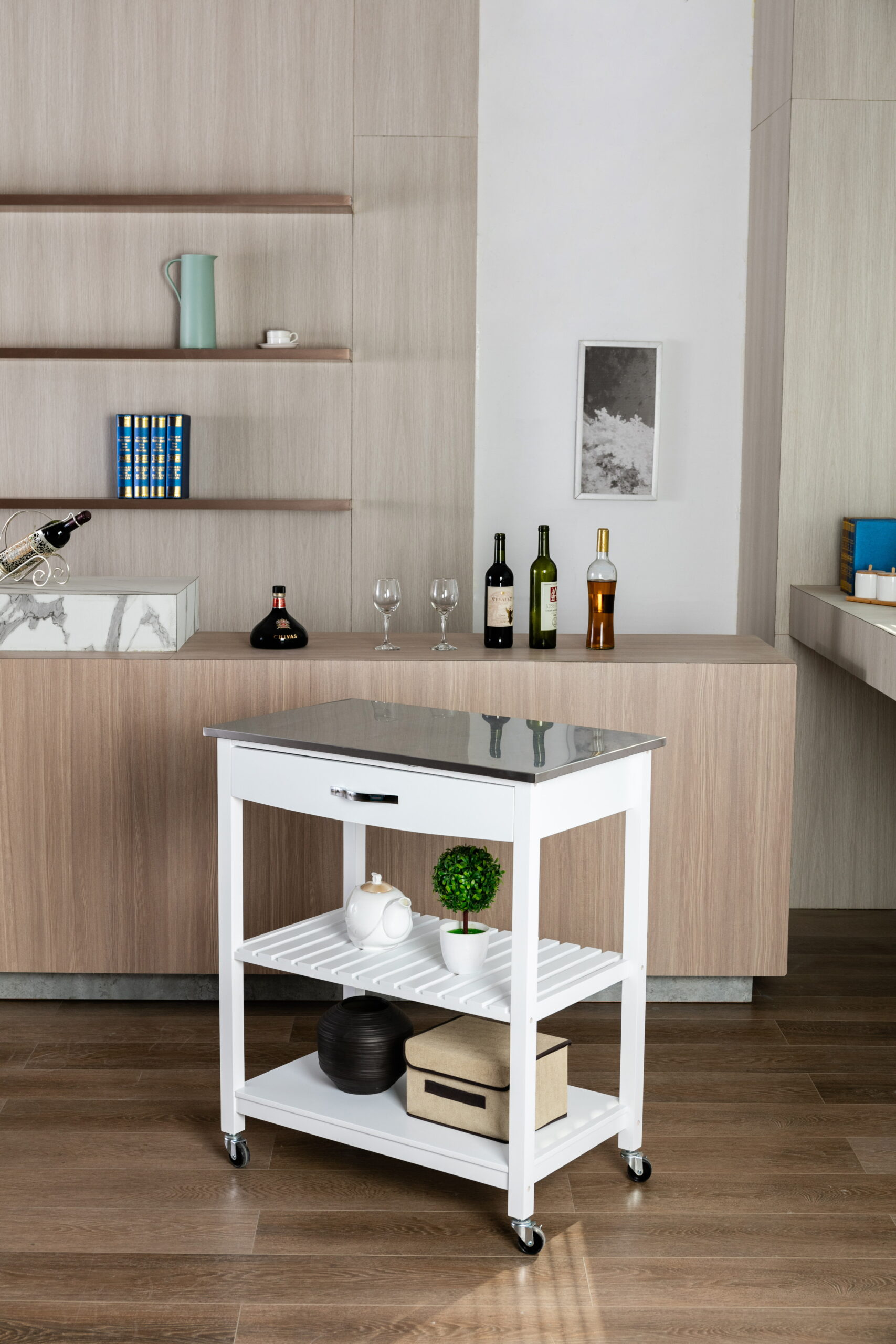 Boraam Holland Wood Kitchen Cart with Stainless Steel Top. White Finish