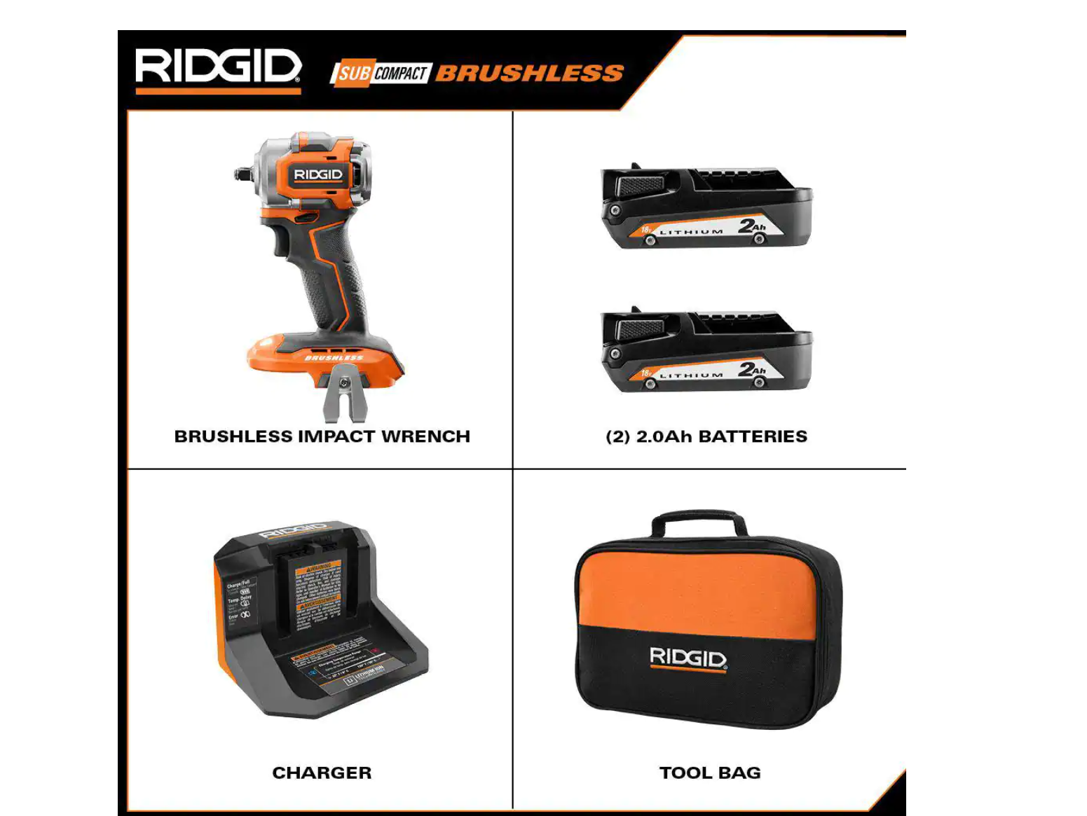 RIDGID R87207K-AC8400802 18V SubCompact Brushless Cordless 3/8 in. Impact Wrench Kit with 2.0 Ah Battery. 18V Charger. and Extra 2.0 Ah Battery
