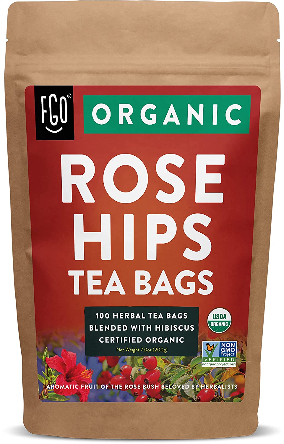 FGO Organic Rosehips Tea Bags 100 Tea Bags Eco-Conscious Tea Bags in Kraft Bag