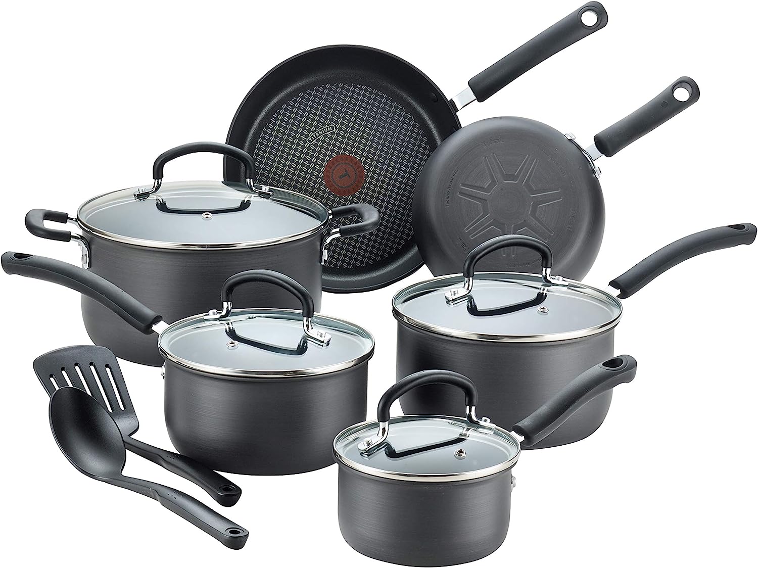 T-fal Ultimate Hard Anodized Nonstick Cookware Set 12 Piece Pots and Pans. Dishwasher Safe Grey