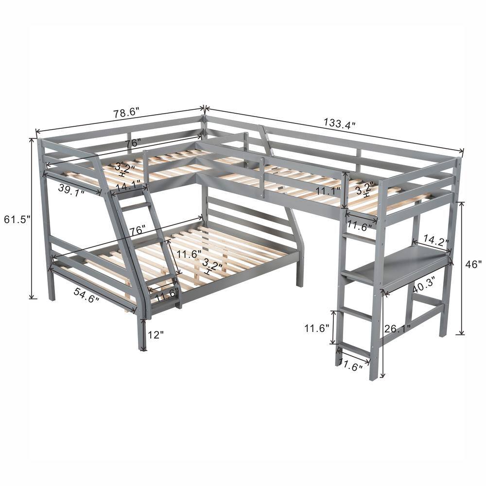 Harper & Bright Designs QHS042AAE L-Shaped Gray Twin over Full Bunk Bed with Ladder and Built-in Desk