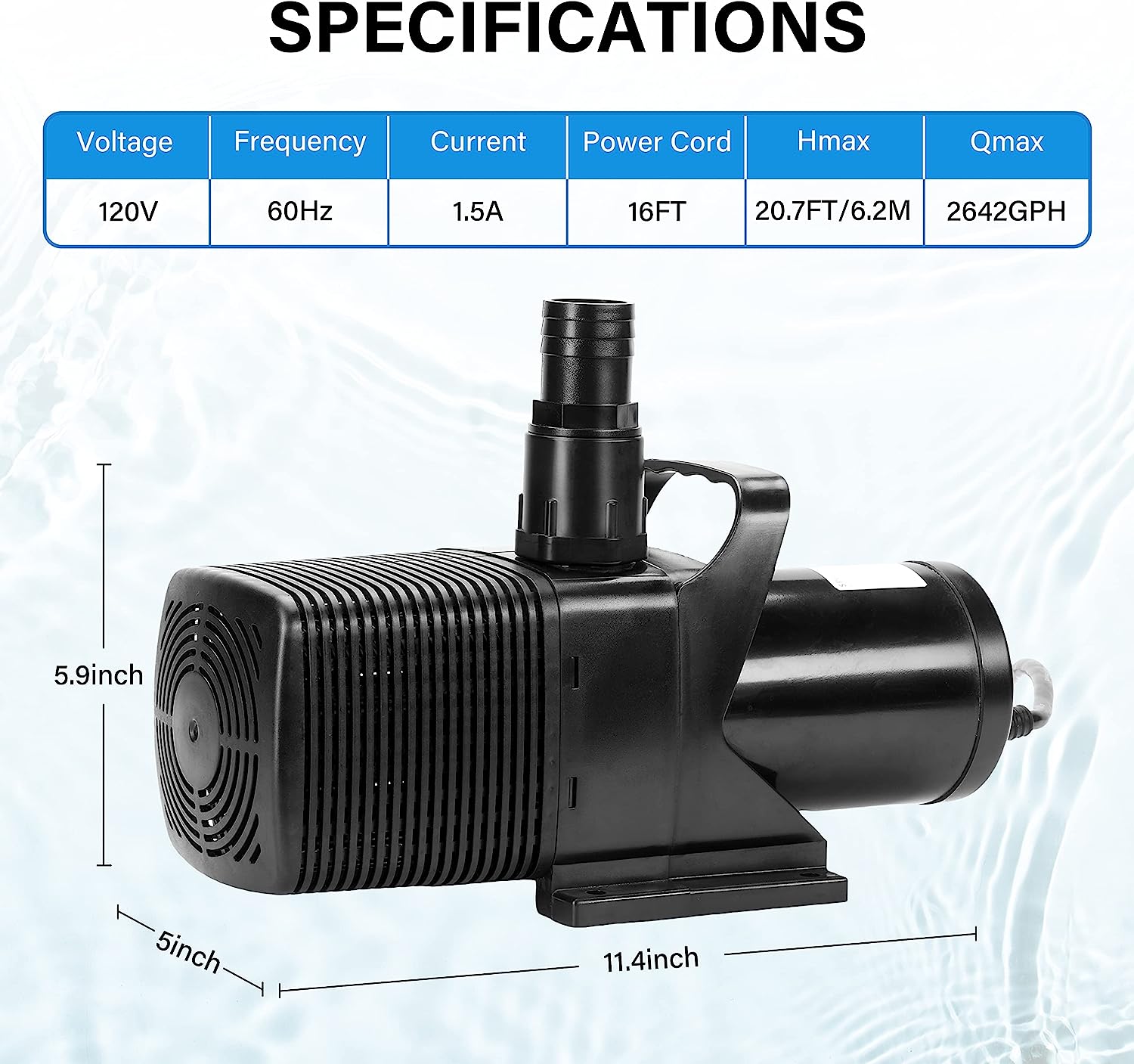 Simple Deluxe 180W 2642GPH Submersible Water Pump. Ultra Quiet Pond Pump. Aquarium Pump with 20.7FT Lift Height for Koi Pond. Pool Waterfall. Fountains. Fish Tank. Statuary. Hydroponic