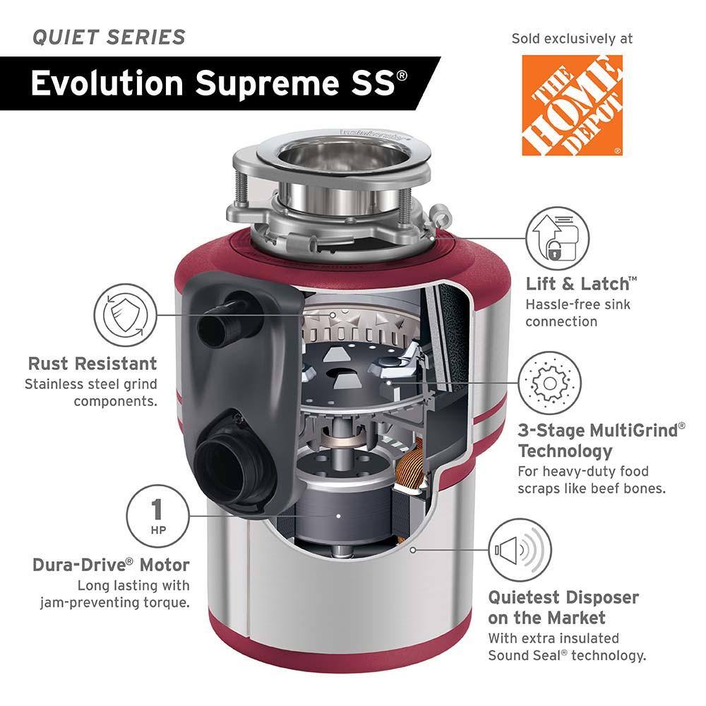 InSinkErator SUPREME SS W/CDK Evolution Supreme SS Lift & Latch Quiet Series 1 HP Continuous Feed Garbage Disposal with Power Cord Kit