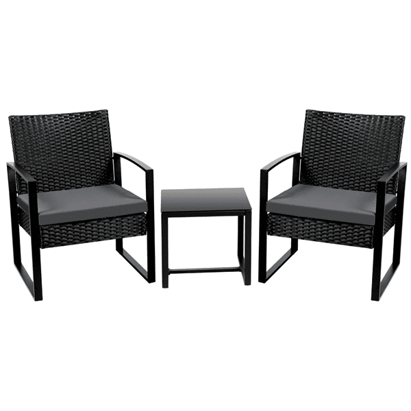 SmileMart 3-Piece Bistro Set with Rattan Chairs for Outdoor Patio and Balcony. Black Cushions