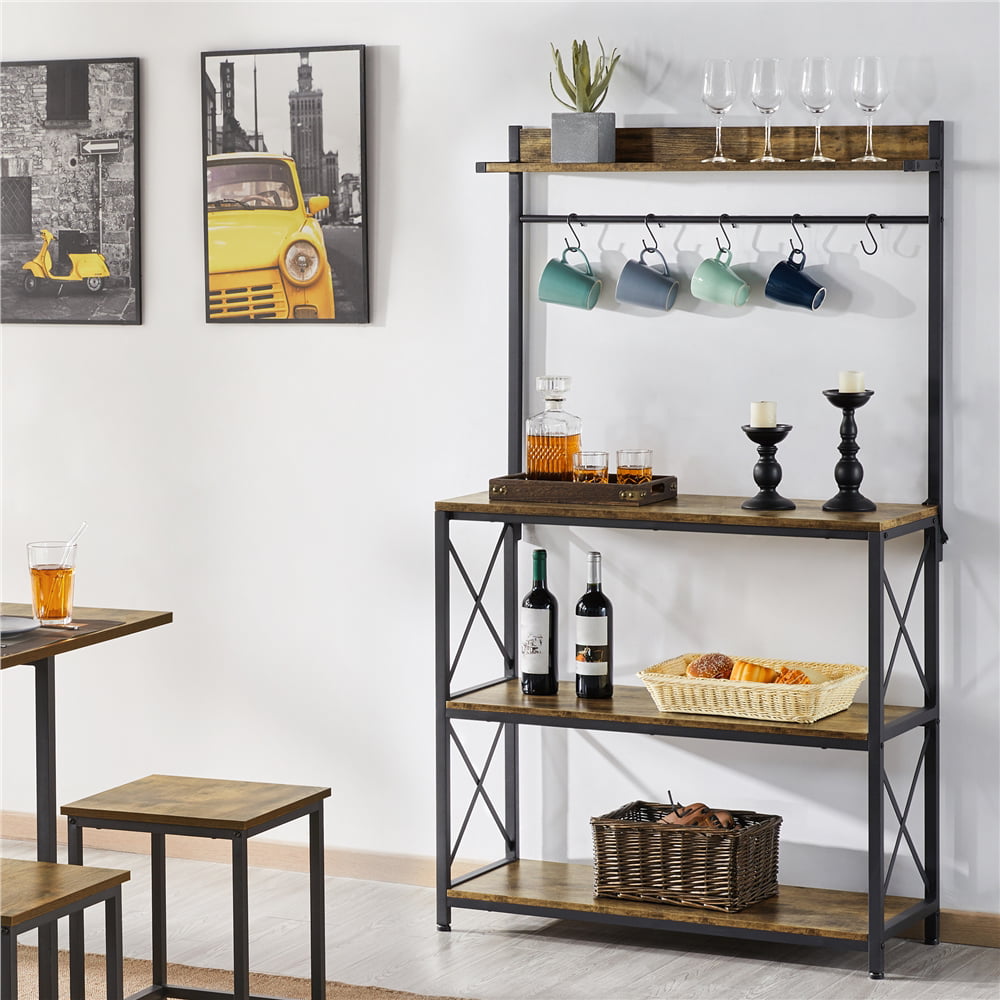 SmileMart 4-Tier Bakers Rack Kitchen Storage Shelf with S-Hooks. Rustic Brown