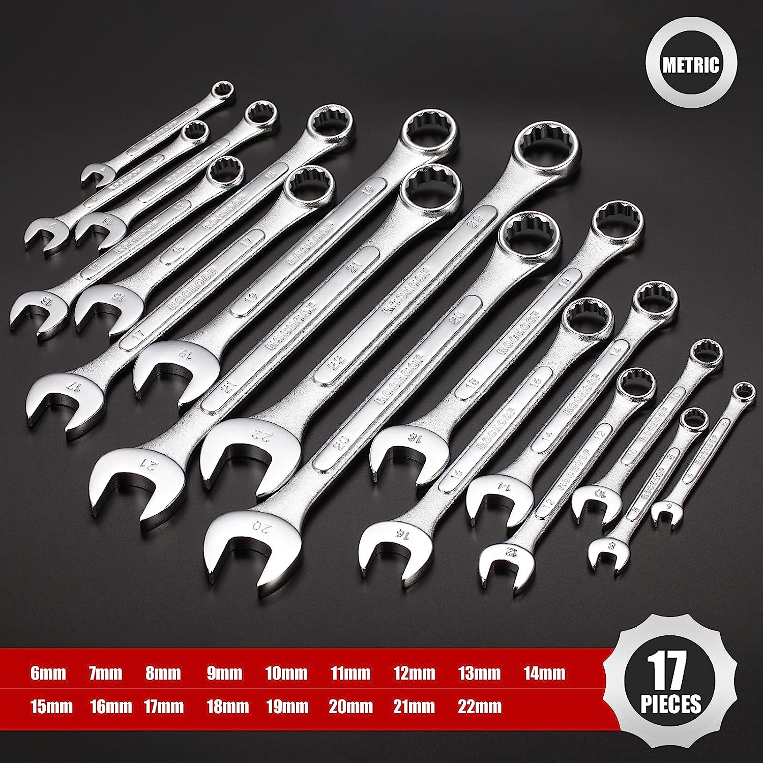ROCHOOF Combination Wrench Set.17-Piece Metric Wrench Set 12-Point Chrome Vanadium Steel Wrenches 6-23mm with Rolling Pouch