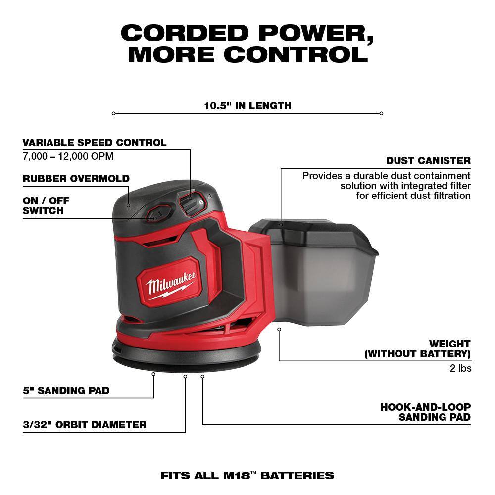 Milwaukee 48-59-1850-2648-20 M18 18-Volt Lithium-Ion Cordless 5 in. Random Orbit Sander w/5.0Ah Battery Starter Kit