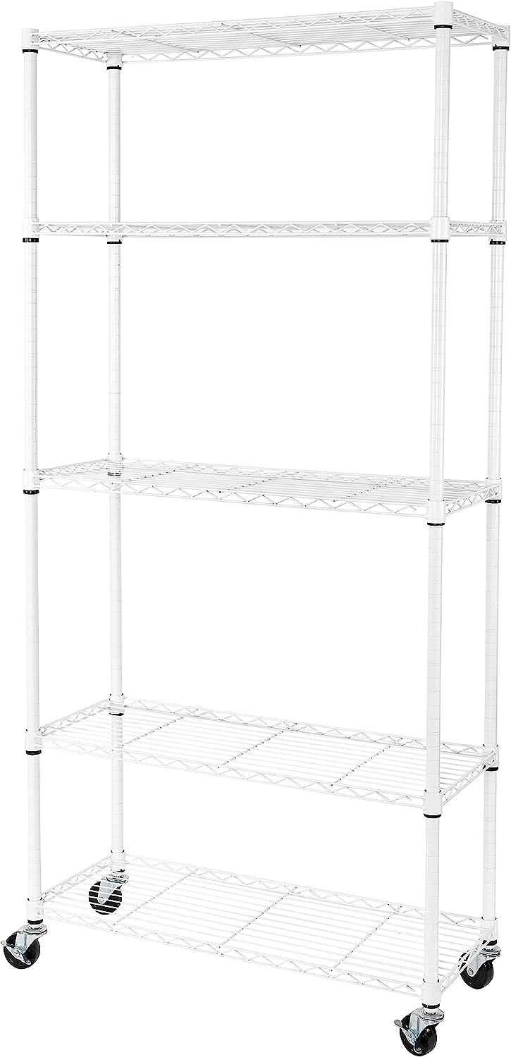 Seville Classics UltraDurable Heavy Duty NSF Solid Steel Wire Rack Storage Unit. Organizer for Garage. Warehouse. Office. Restaurant. Classroom. Kitchen. White. 5-Tier Shelving. 36″ W x 14″ D