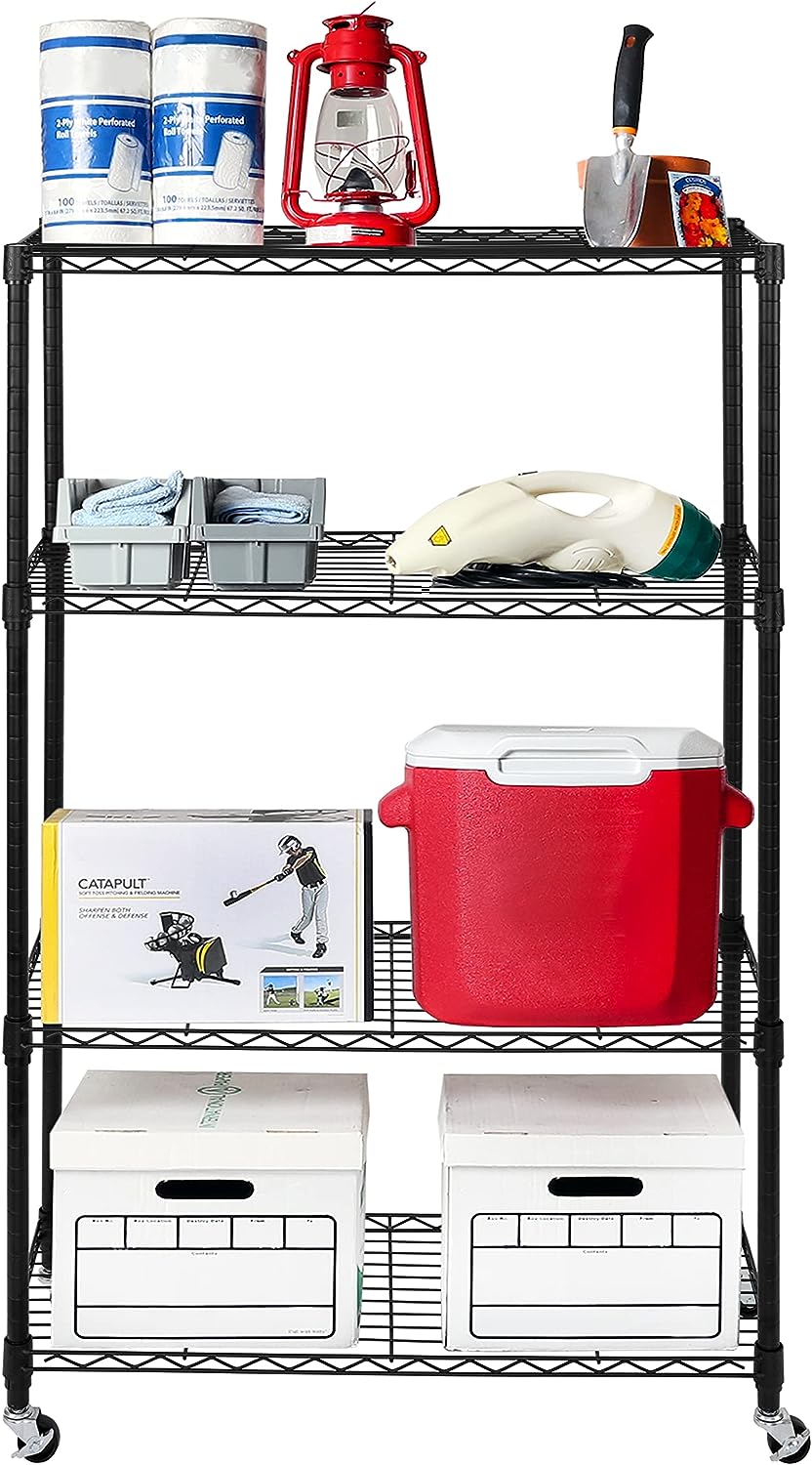 Seville Classics Solid Steel Wire Shelving Storage Unit Adjustable Shelves Organizer Rack. for Home. Kitchen. Office. Garage. Bedroom. Closet. Black. 4-Tier. 36″ W x 14″ D