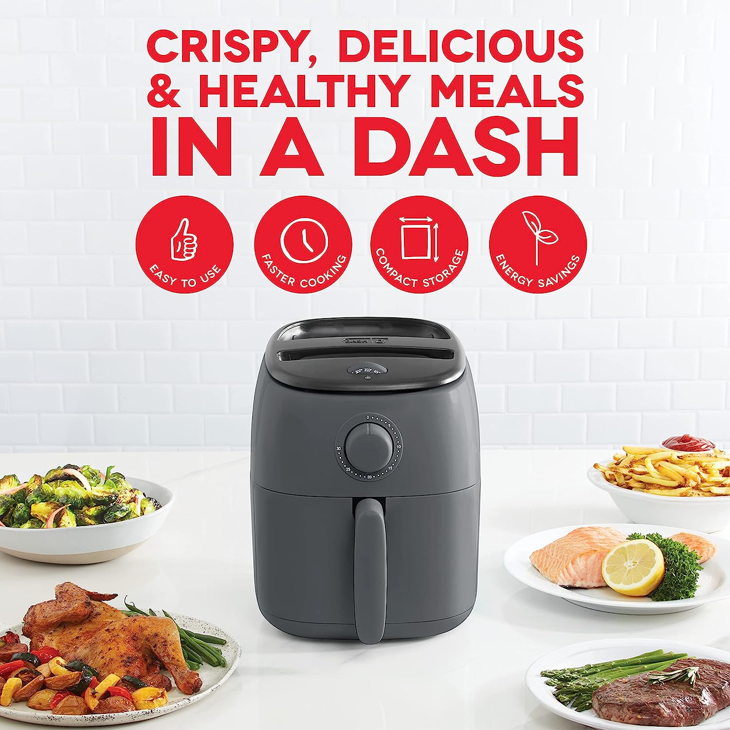 DASH Tasti-Crisp™ Electric Air Fryer Oven Cooker with Temperature Control. Non-Stick Fry Basket. Recipe Guide + Auto Shut Off Feature. 1000-Watt. 2.6Qt. Grey
