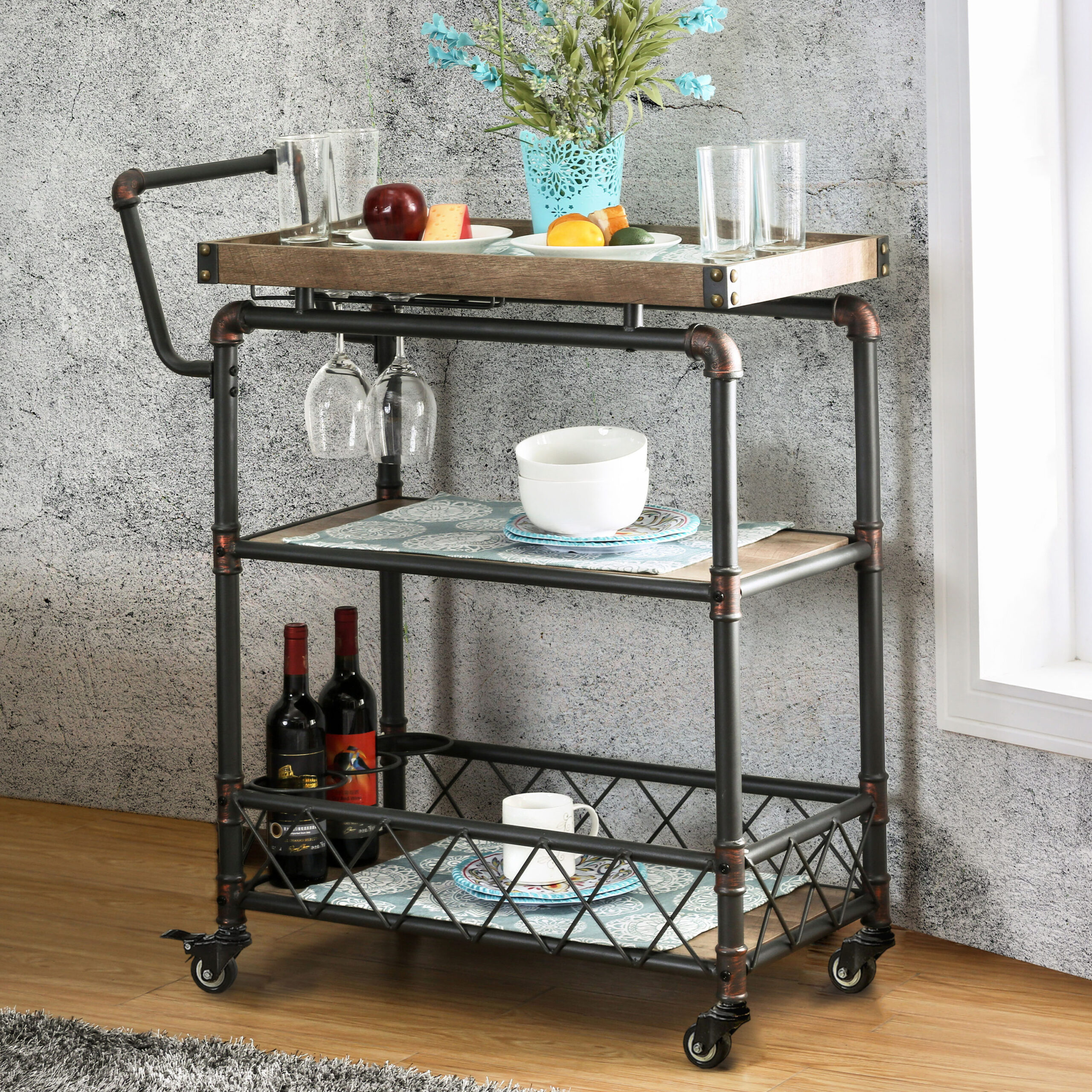 Furniture of America Black Metal Base with Wood Top Rolling Kitchen Cart (15.75-in x 34.25-in x 39.5-in)